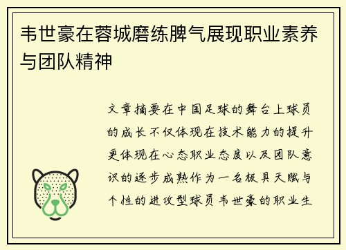 韦世豪在蓉城磨练脾气展现职业素养与团队精神 韦世豪在蓉城磨练脾气展现职业素养与团队精神