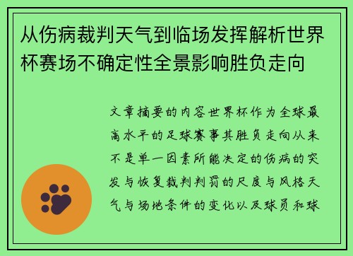 从伤病裁判天气到临场发挥解析世界杯赛场不确定性全景影响胜负走向